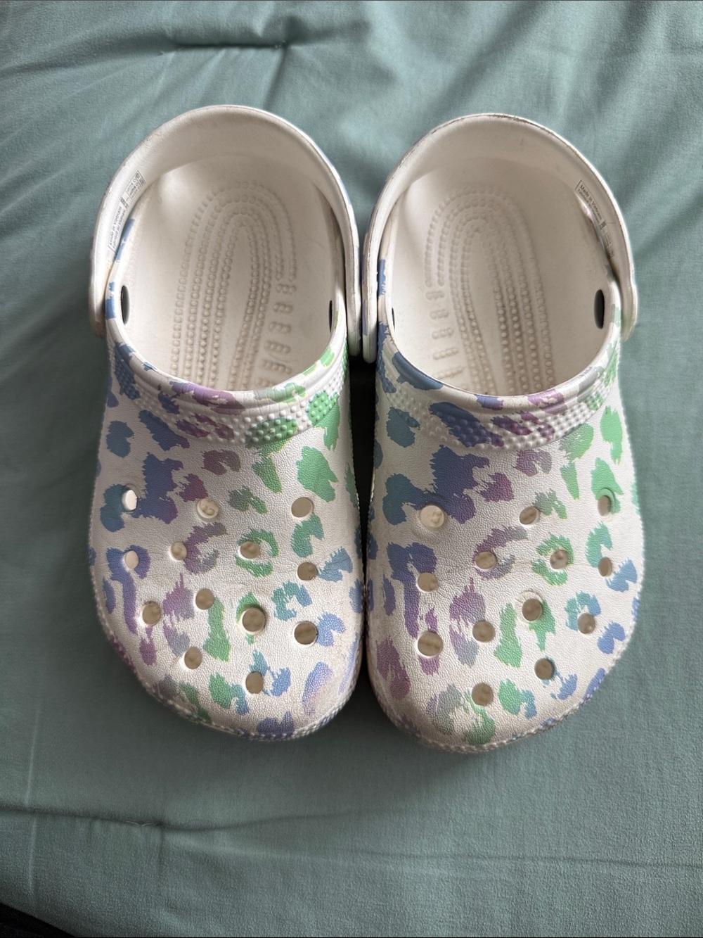 CROCS Kids White Clogs with Pastel Green, Blue & Purple Print